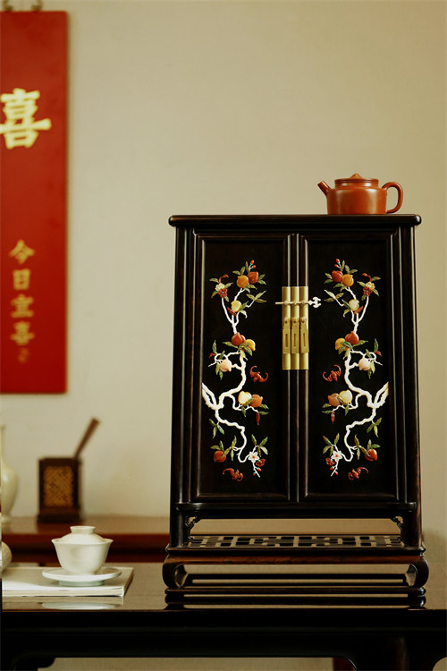 紫光檀百宝嵌多子多福双层圆角柜文房藏物茶室置器文玩木雕收藏品