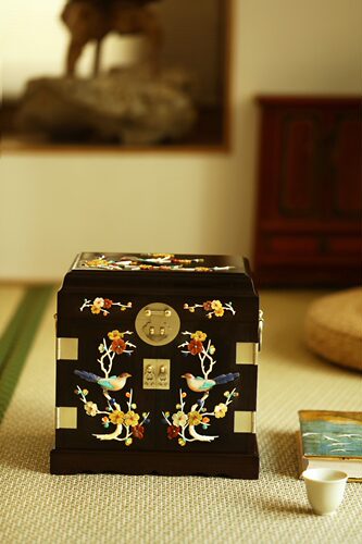 老挝大红酸枝百宝嵌喜上眉梢官皮箱嫁妆箱全独板榫卯结构文玩收藏