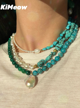 kimeow珍珠孔雀石女时髦项链