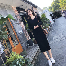 过膝打底连衣裙针织裙 中长款 修身 黑色长袖 高冷范女装 2018新款 韩版