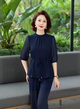 妈妈夏装短袖立领衬衫短裤套装