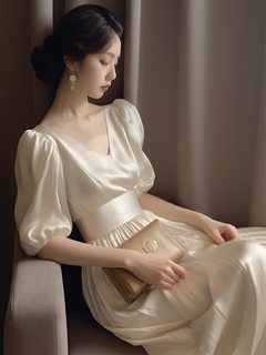 法式气质绝美高级感乳白缎面连衣裙夏季女装高端精致正式场合长裙