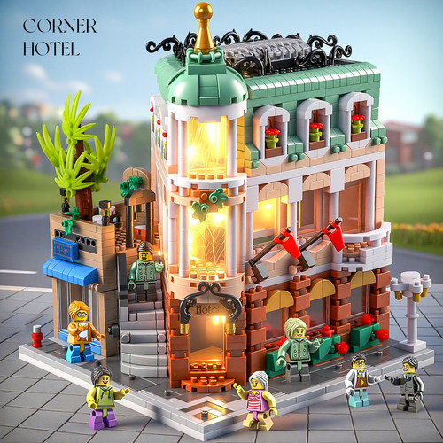 建筑风情街景转角精品酒店积木模型男女孩高难度拼装益智玩具礼物