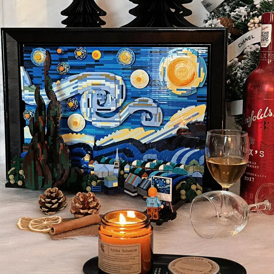 新款梵高星空画星月夜积木拼装益智玩具手工模型摆件女孩生日礼物