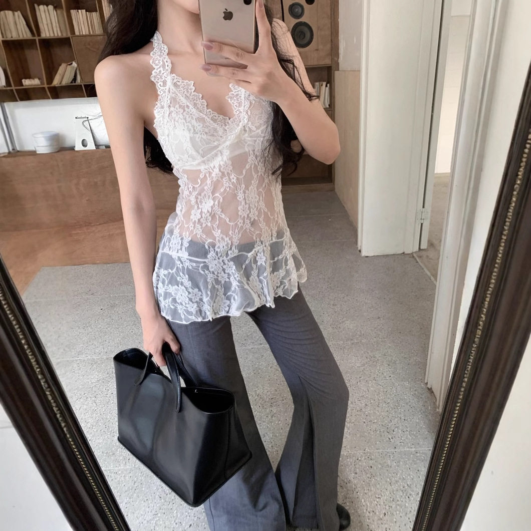 白色V领蕾丝裙摆式挂脖背心女系带无袖内搭雪纺衫中长款叠穿上衣