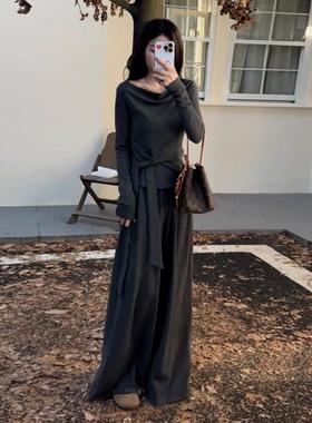巨好看秋冬韩系穿搭一整套2025新款灰色长袖上衣女阔腿裤两件套装