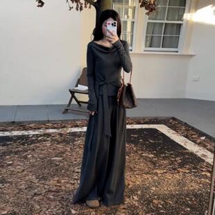 两件套装 上衣女阔腿裤 灰色长袖 巨好看秋冬韩系穿搭一整套2025新款