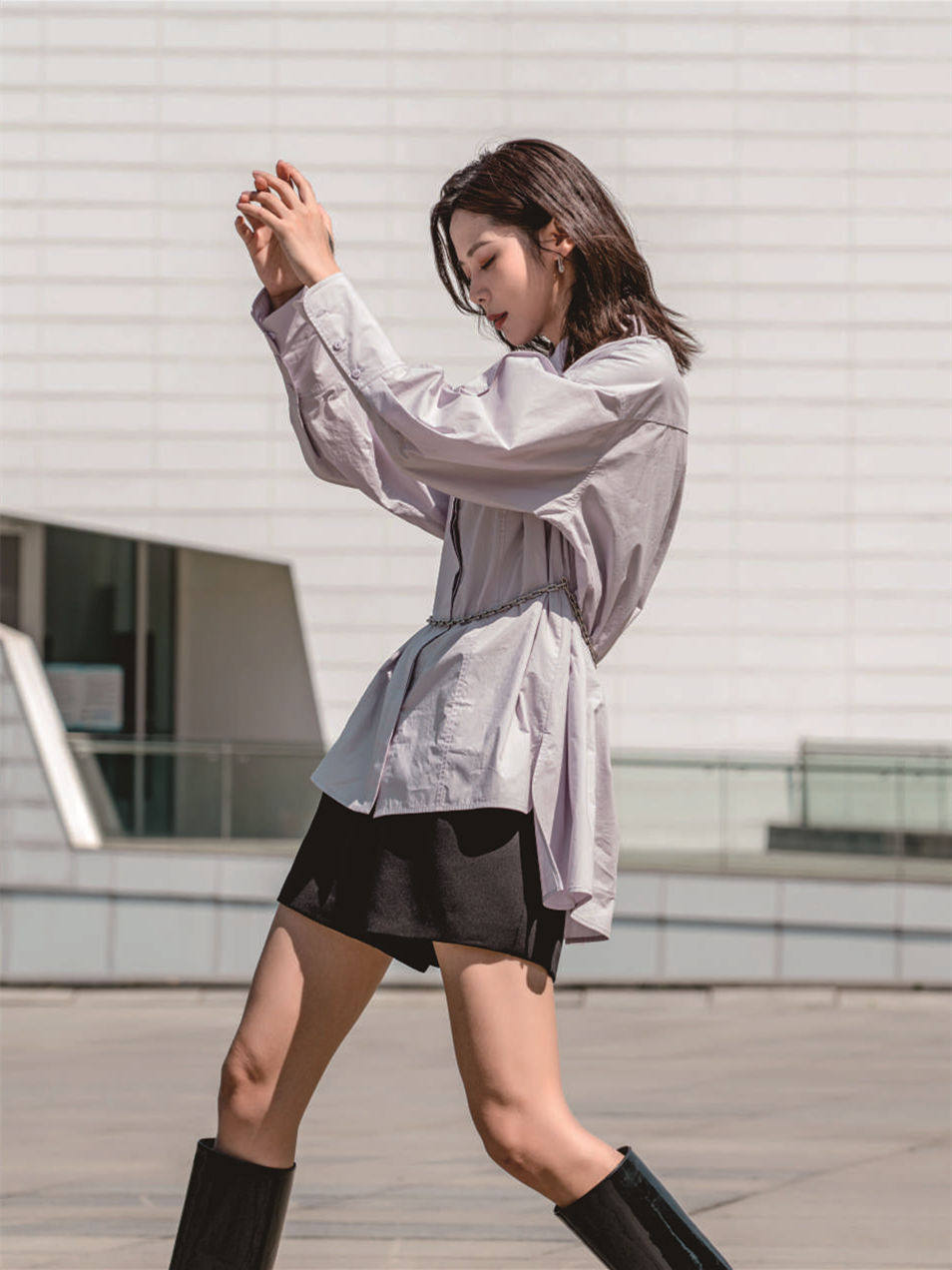 宝琪菲2023年新款宽松韩版衬衫早春设计感腰链款百搭气质上衣
