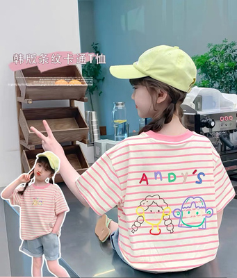 女童短袖T恤2025新款童装小女孩夏装条纹半袖中大童体恤上衣韩版