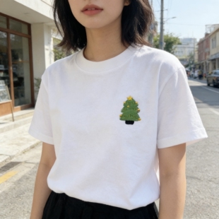 禧衫圣诞树刺绣短袖T恤夏日可爱风男女同款情侣装短袖白色纯棉潮