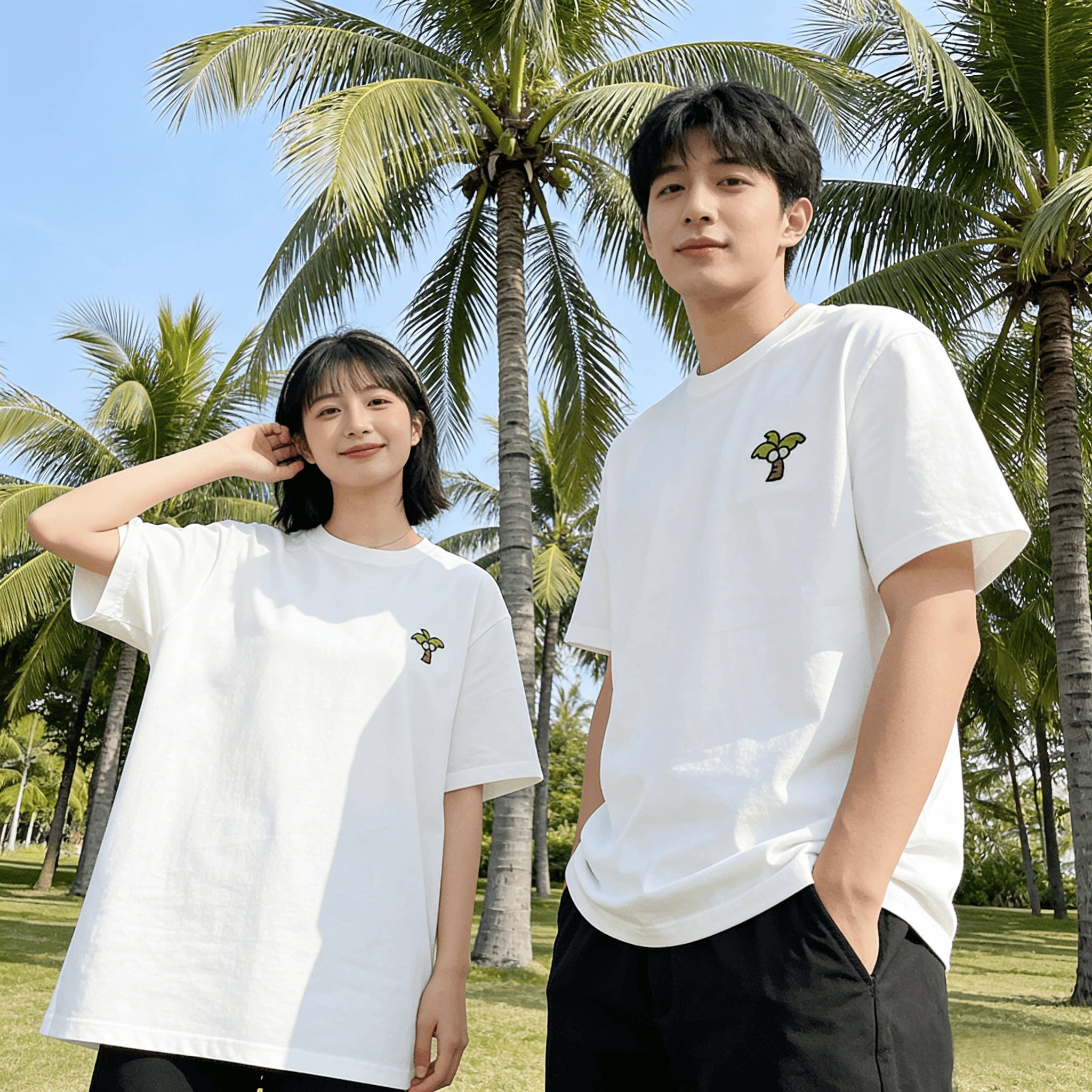 禧衫情侣装椰子树精品刺绣短袖T恤2026新款纯棉男女通用上衣