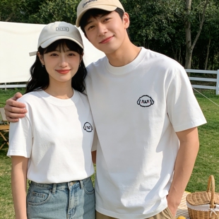 夏季 T恤卡通情侣装 宽松上衣高级感穿搭 开心小狗头像刺绣短袖 禧衫