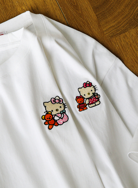 禧衫Hello kitty卡通少女刺绣t恤正肩短袖宽松男女情侣上衣半袖