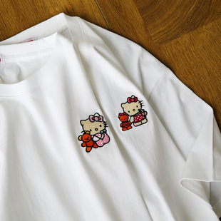 禧衫Hello kitty卡通少女刺绣t恤正肩短袖宽松男女情侣上衣半袖