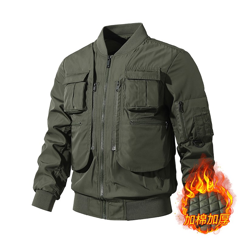 春秋男士夹克外套工装多口袋加棉保暖冬装茄克JK352-薄P175厚P190