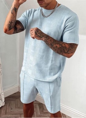 2022跨境外贸夏季格子男青年短袖运动休闲圆领套装1412-TZ40-P43