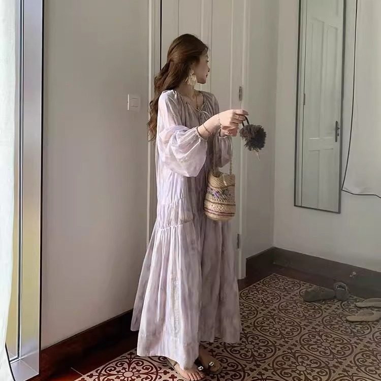 法式优雅晕染时尚复古法式连衣裙女加大码300斤显瘦长袖a字裙夏季