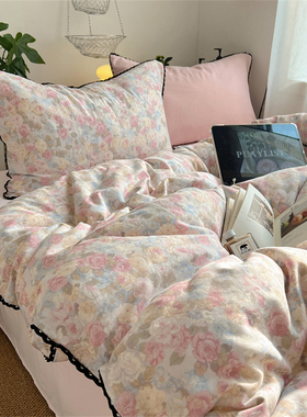 2026新款全棉纯棉双层纱小黑花边四件套