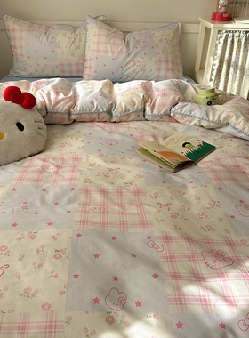 2026新款A类纯棉三角针贝壳边工艺卡通撞色猫咪卡通全棉四件套