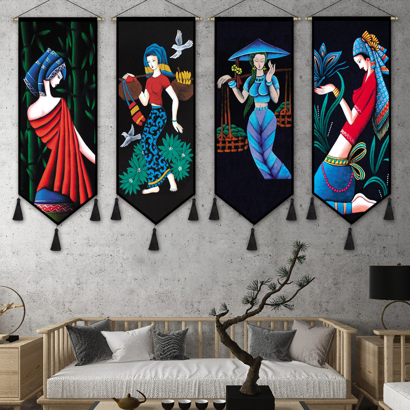 民宿装饰挂布民族风布艺挂画云南傣族苗族挂毯餐厅人物装饰画布画