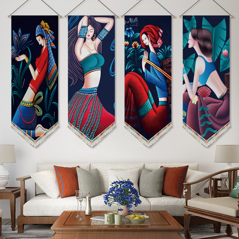 民宿装饰挂布民族风客厅背景墙布艺挂画云南傣族苗族挂毯餐厅布画