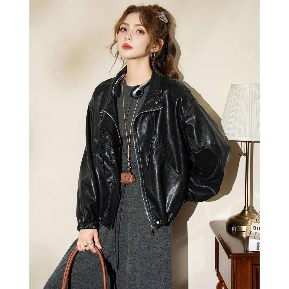 新款短款高级感pu皮衣女宽松秋季设计感时尚休闲夹克上衣皮衣外套,女装/女士精品,皮衣,淘宝优惠券,粉丝福利购,淘宝优惠卷