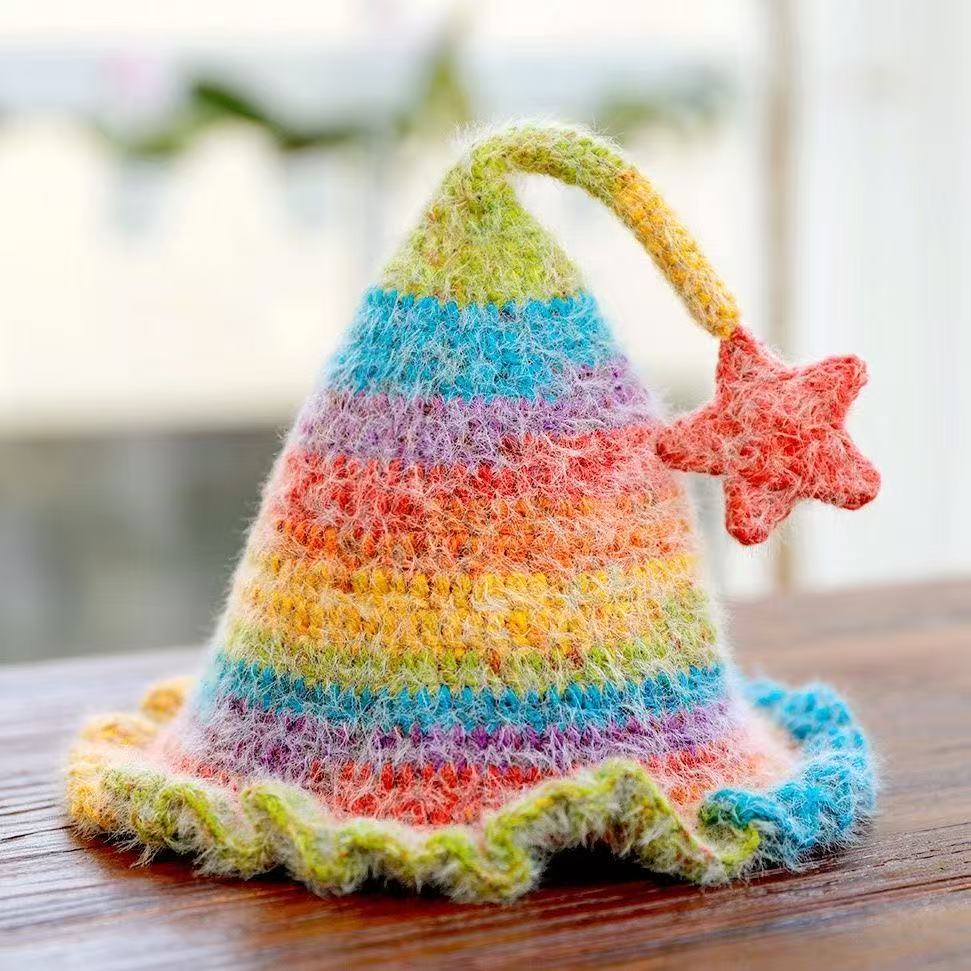 【非成品】彩虹色精灵帽毛线手工编织DIY材料包渐变魔法帽子