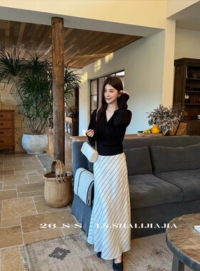 【杰哥粉丝专享】复古斜条纹高腰显瘦鱼尾裙女夏季新款6829