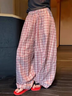 【大潘专享】慵懒棉麻格子阔腿裤女夏新款小众设计感宽松弯刀