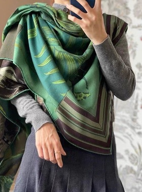 【印第安人】复古绿色双面丝毛围巾女秋冬百搭手工卷边方巾披肩