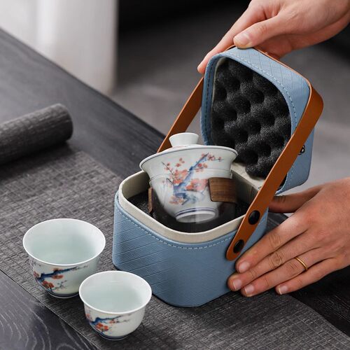 青花手绘便携旅行茶具4件套