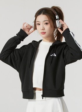 阿迪达斯女装连帽开衫夹克休闲运动服针织保暖上衣外套 JE0052