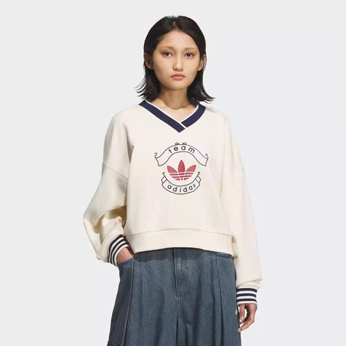 阿迪达斯三叶草女子宽松V领运动休闲套头衫卫衣 KC5845 KC5846