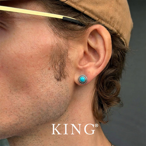 KING纯银绿松石耳钉复古免摘