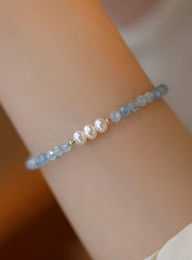 s925纯银天然海蓝宝淡水珍珠手链女ins夏小清新甜美蓝色水晶手串