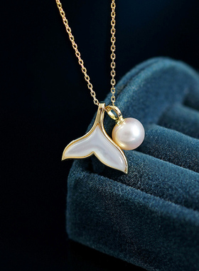 s925银鱼项链天然白母贝珍珠吊坠