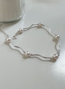 2024新款S925纯银扭曲银管珍珠手链ins风时尚百搭气质手环小众