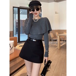 毛衣女款2026新款女士斗篷披肩上衣巨好看的秋冬棕色假两件针织衫