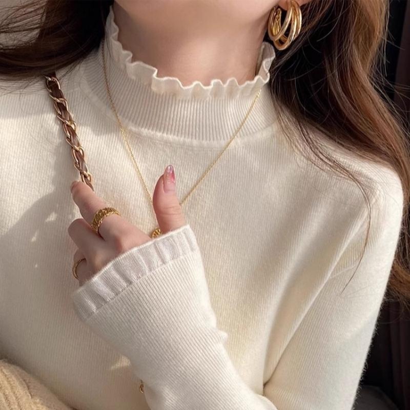 半高领木耳边针织打底衫女秋冬新款修身显瘦内搭毛衣洋气长袖上衣