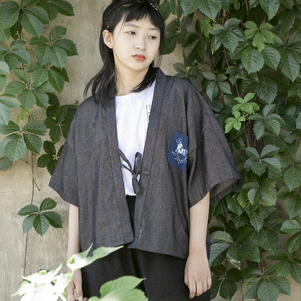 丘山独立设计日式和风兔子刺子绣拼布口袋短袖港风道袍和服薄外套