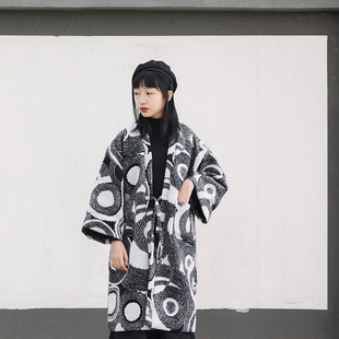 丘山独立设计圆圈和风花纹长款开襟系带呢子大衣暗黑武士外套女冬