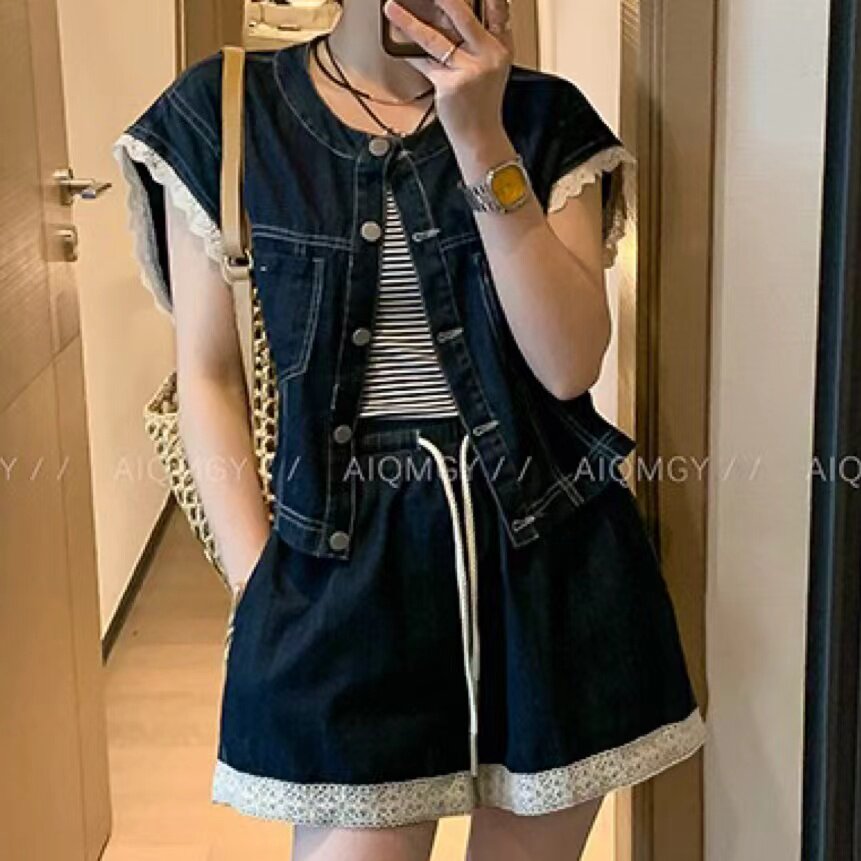2025女夏季新款蕾丝边牛仔上衣松紧腰阔腿短裤牛仔两件套套装
