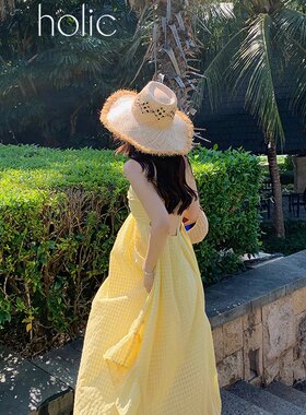 dressholic 浅黄色格纹度假风露背连衣裙 多巴胺海岛沙滩挂脖长裙