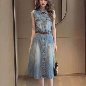 复古港风休闲无袖牛仔连衣裙女夏季2026新款时尚宽松显瘦中长裙子