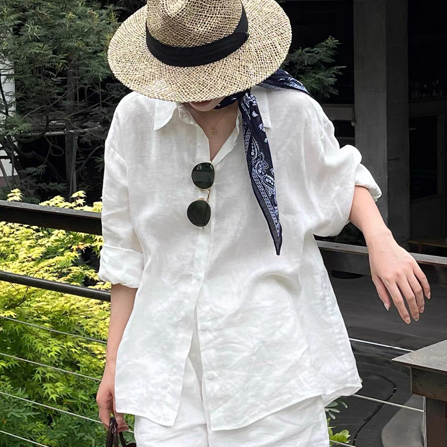 老钱风亚麻衬衫套装女夏慵懒松弛宽松简约高端棉麻衬衫短裤两件套