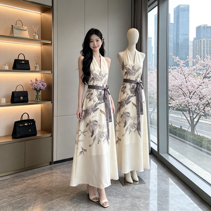 有洧Youwe 2026巨好看连衣裙女夏新中式V领挂脖无袖背心裙子长裙