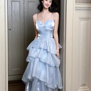 法式小资蓝色吊带修身连衣裙生日礼服蝴蝶结设计小众优雅多层次裙