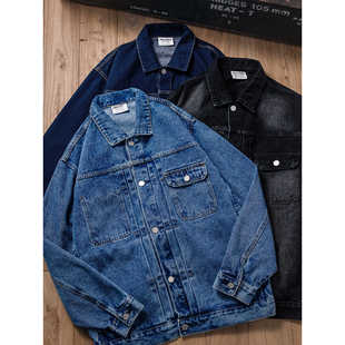 上弹工装 美式复古硬挺多口袋牛仔夹克外套翻领宽松休闲丹宁上衣