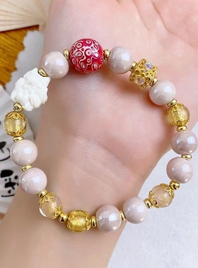 北京香灰琉璃粉瓷金箔手串九尾狐大漆转运珠潘家园桃花手链饰品