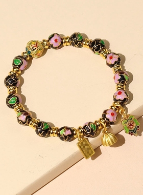 北京雍同款潘家园黑色景泰蓝繁花手链香灰琉璃金箔手串转运珠饰品